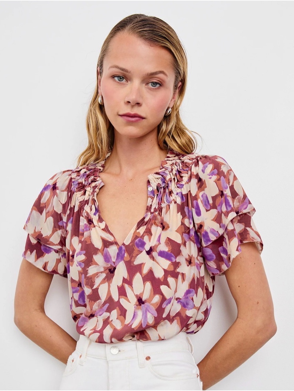 Rails Floral Smocked-Neck Blouse - Burgundy, Cream & Lavender